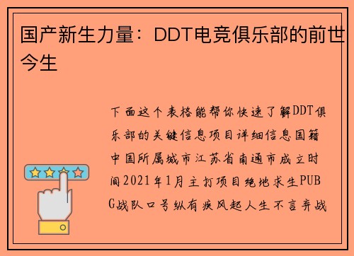 国产新生力量：DDT电竞俱乐部的前世今生